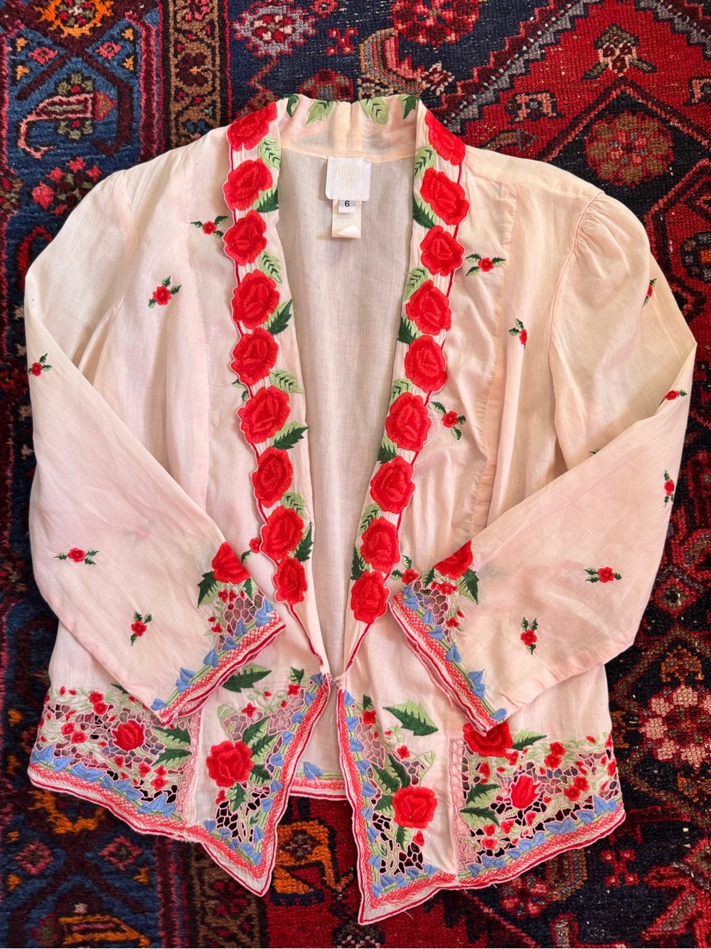 RARE Anna Sui Pale Pink Open-Front Lightweight Jacket with Red Rose Embroidery